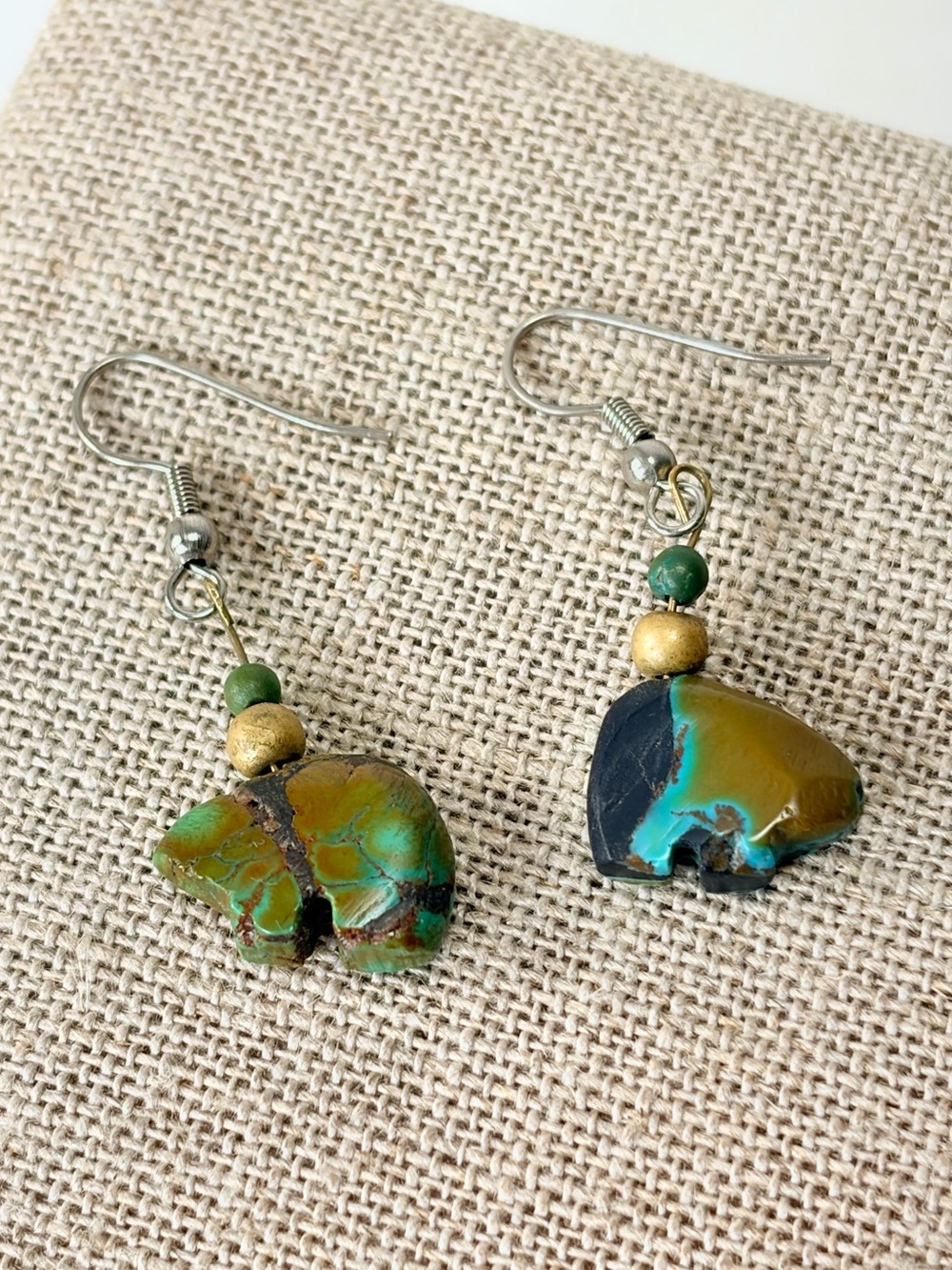 Handcrafted Dangle Bear Fetish Turquoise Natural Earthy Stone Bead Earrings